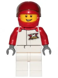 LEGO Race Car Driver - Male, White and Red Jumpsuit with 'XTREME' Logo, White Legs, Red Helmet minifigure