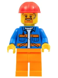 LEGO Blue Jacket with Diagonal Lower Pockets and Orange Stripes, Orange Legs, Red Construction Helmet minifigure