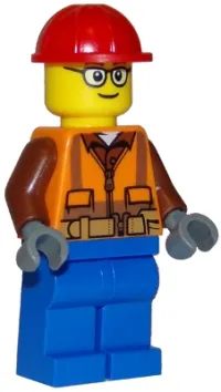 LEGO Construction Worker - Male, Orange Safety Vest, Reflective Stripes, Reddish Brown Shirt, Blue Legs, Red Construction Helmet, Glasses minifigure