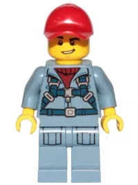 LEGO Ocean Mini-Submarine Pilot  - Male, Harness, Sand Blue Legs with Pockets, Red Cap, Lopsided Grin minifigure