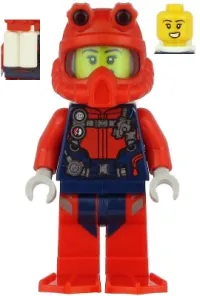 LEGO Scuba Diver - Female, Open Mouth, Red Helmet, White Air Tanks, Red Flippers minifigure