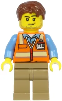 LEGO Air Traffic Controller - Male, Reddish Brown Hair, Orange Safety Vest, Dark Tan Legs minifigure