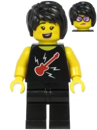 LEGO Plane Passenger - Female, Black Hair, Black Sleeveless Top with Red Guitar, Black Legs minifigure