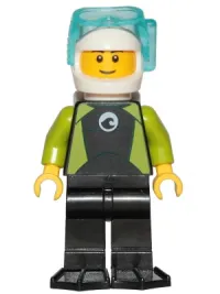 LEGO Diver - Male, Black Wetsuit with White Logo and Lime Trim and Flippers, White Helmet and Air Tanks minifigure