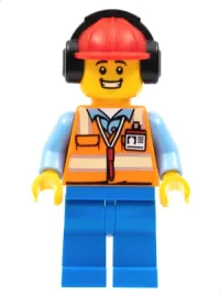 LEGO Ground Crew - Male, Orange Safety Vest with Reflective Stripes, Blue Legs, Red Construction Helmet with Headset minifigure