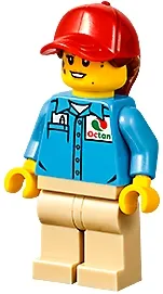 LEGO Ground Crew - Female, Medium Blue Shirt with 'Octan' Logo, Tan Legs, Red Ball Cap with Reddish Brown Ponytail minifigure