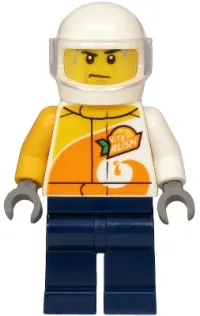 LEGO Helicopter Pilot - Jacket with 'ViTA RUSH' Logo, Dark Blue Legs, White Helmet minifigure