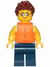 LEGO Tank Top with Surfer Silhouette, Dark Blue Legs, Reddish Brown Hair Spiked, Life Jacket 2 Straps, Silver Sunglasses minifigure