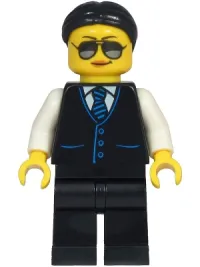 LEGO Limousine Driver - Female, Black Vest with Blue Striped Tie, Black Legs, Black Hair, Sunglasses and Peach Lips minifigure