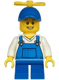 LEGO Boy - Blue Overalls over V-Neck Shirt, Blue Short Legs, Blue Cap with Tiny Yellow Propeller minifigure