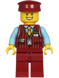 LEGO Tram Driver - Male, Dark Red Vest, Bright Light Blue Shirt, Dark Red Legs, Dark Red Hat minifigure