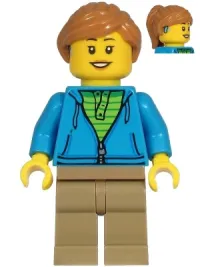 LEGO Woman - Dark Azure Hoodie, Dark Tan Legs, Medium Nougat Hair, Hearing Aid minifigure