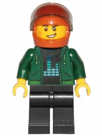 LEGO Detective - Dark Green Hoodie with Bright Green Drawstrings, Black Legs, Dark Orange Helmet minifigure