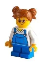 LEGO Girl - Blue Overalls over V-Neck Shirt, Dark Orange Hair Short, Parted with Two Pigtails, Red Glasses minifigure