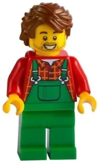 LEGO Farmer - Overalls Green, Red Plaid Shirt, Reddish Brown Hair Swept Back Tousled minifigure