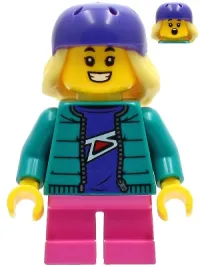 LEGO Skater - Girl, Dark Turquoise Jacket, Dark Pink Short Legs, Dark Purple Helmet, Bright Light Yellow Hair minifigure