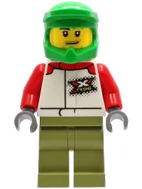 LEGO Wheelchair Athlete - Male, White Jacket with 'XTREME' Logo, Olive Green Legs, Bright Green Dirt Bike Helmet minifigure