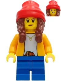 LEGO Girl - Bright Light Orange Jacket, Blue Medium Short Legs, Reddish Brown Hair with Braids, Red Beanie minifigure