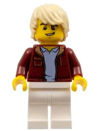 LEGO Man, Dark Red Jacket with Bright Light Blue Shirt, White Legs, Tan Tousled Hair, Lopsided Grin (Car Driver) minifigure