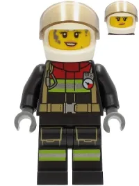 LEGO Fire - Female, Black Jacket and Legs with Reflective Stripes and Red Collar, White Helmet, Trans-Black Visor, Dark Bluish Gray Splotches minifigure