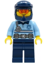 LEGO Police - City Officer Bright Light Blue Shirt with Silver Stripe, Badge and Radio, Dark Blue Legs, Dark Blue Dirt Bike Helmet, Orange Glasses minifigure