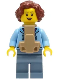 LEGO Woman - Bright Light Blue Hoodie over Dark Purple Star Shirt, Sand Blue Legs, Reddish Brown Hair, Baby Carrier minifigure