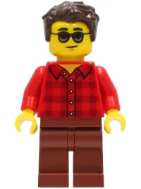 LEGO Man - Red Flannel Shirt, Reddish Brown Legs, Dark Brown Hair, Sunglasses minifigure