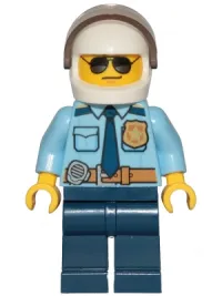 LEGO Police - City Officer Shirt with Dark Blue Tie and Gold Badge, Dark Tan Belt with Radio, Dark Blue Legs, White Helmet, Sunglasses minifigure