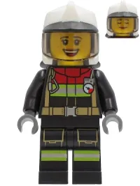 LEGO Fire - Female, Black Jacket and Legs with Reflective Stripes and Red Collar, White Fire Helmet, Trans-Black Visor (Sarah Feldman) minifigure
