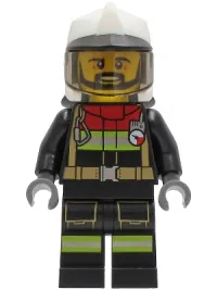 LEGO Fire - Male, Black Jacket and Legs with Reflective Stripes and Red Collar, White Fire Helmet, Trans-Black Visor, Black Beard minifigure
