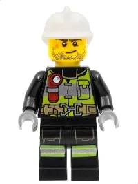 LEGO Fire - Reflective Stripes with Utility Belt and Flashlight, White Fire Helmet, Beard Stubble, Brown Eyebrows minifigure