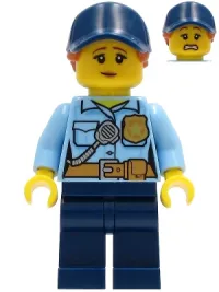 LEGO Police - City Officer Female, Bright Light Blue Shirt with Badge and Radio, Dark Blue Legs, Dark Blue Cap with Dark Orange Ponytail, Pensive Smile minifigure