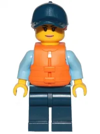 LEGO Police - City Officer Female, Bright Light Blue Shirt with Badge and Radio, Dark Blue Legs, Dark Blue Cap with Dark Orange Ponytail, Life Jacket minifigure