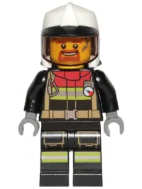 LEGO Fire - Male, Black Jacket and Legs with Reflective Stripes and Red Collar, White Fire Helmet, Trans-Black Visor, Dark Orange Goatee minifigure
