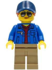 LEGO Ground Crew - Female, Blue Jacket over Dark Red V-Neck Sweater, Dark Tan Legs, Dark Blue Cap with Dark Orange Ponytail minifigure