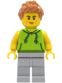 LEGO Car Driver - Male, Lime Hoodie, Light Bluish Gray Legs, Medium Nougat Hair minifigure
