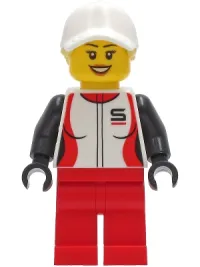 LEGO Woman - Red and White Race Jacket, Red Legs, White Cap with Bright Light Yellow Hair minifigure