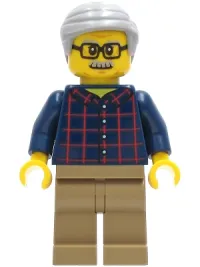 LEGO Man - Dark Blue Plaid Button Shirt, Dark Tan Legs, Light Bluish Gray Hair minifigure