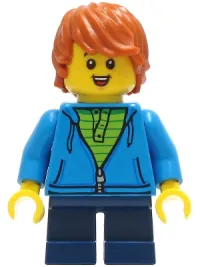 LEGO Boy - Dark Azure Hoodie with Green Striped Shirt, Dark Blue Short Legs, Dark Orange Hair, Freckles, Small Open Smile with Tongue minifigure