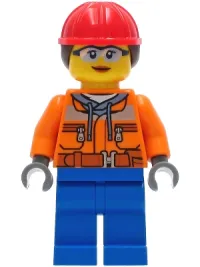 LEGO Construction Worker - Female, Orange Safety Jacket, Reflective Stripe, Sand Blue Hoodie, Blue Legs, Red Construction Helmet with Dark Brown Hair, Safety Glasses minifigure