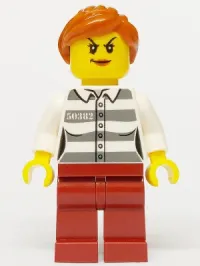 LEGO Police - Jail Prisoner 50382 Prison Stripes, Female, Dark Red Legs, Scowl with Peach Lips, Orange Ponytail minifigure