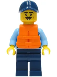 LEGO Police - City Officer Shirt with Dark Blue Tie and Gold Badge, Dark Tan Belt with Radio, Dark Blue Legs, Dark Blue Cap, Orange Life Jacket minifigure