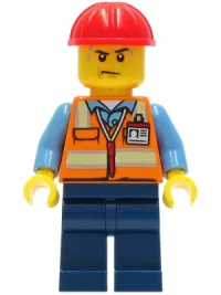 LEGO Construction Worker - Orange Safety Vest with Reflective Stripes, Dark Blue Legs, Red Construction Helmet minifigure