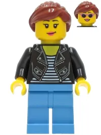 LEGO Car Driver - Female, Black Leather Jacket, Medium Blue Legs, Reddish Brown Hair minifigure