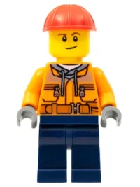 LEGO Construction Worker - Male, Orange Safety Jacket, Reflective Stripe, Sand Blue Hoodie, Dark Blue Legs, Red Construction Helmet, Lopsided Smile minifigure