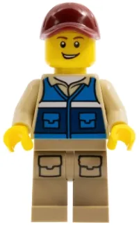 LEGO Wildlife Rescue Worker - Male, Dark Red Cap, Blue Vest with 'RESCUE' Pattern on Back, Dark Tan Legs with Pockets minifigure