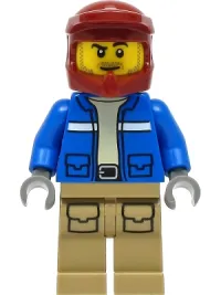 LEGO Wildlife Rescue Explorer - Male, Blue Jacket, Dark Red Helmet, Dark Tan Legs with Pockets, Beard minifigure