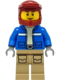 LEGO Wildlife Rescue Explorer - Male, Blue Jacket, Dark Red Helmet, Dark Tan Legs with Pockets, Thin Grin minifigure