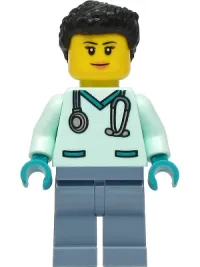 LEGO Wildlife Rescue Veterinarian - Female, Light Aqua Scrubs, Sand Blue Legs, Black Hair minifigure