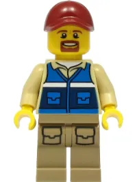 LEGO Wildlife Rescue Worker - Male, Dark Red Cap, Blue Vest with 'RESCUE' Pattern on Back, Dark Tan Legs with Pockets, Beard minifigure